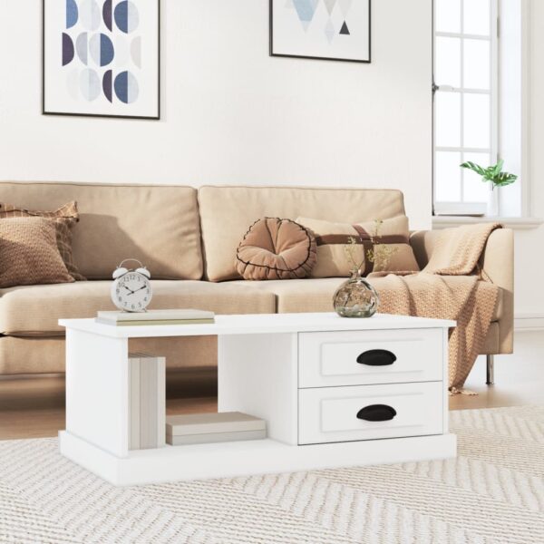 Chic White Coffee Table Engineered Wood Spacious Drawers Modern Living Room