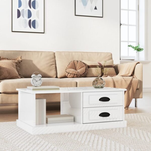 Modern High Gloss White Coffee Table Engineered Wood 2 Drawers Storage Chic Decor