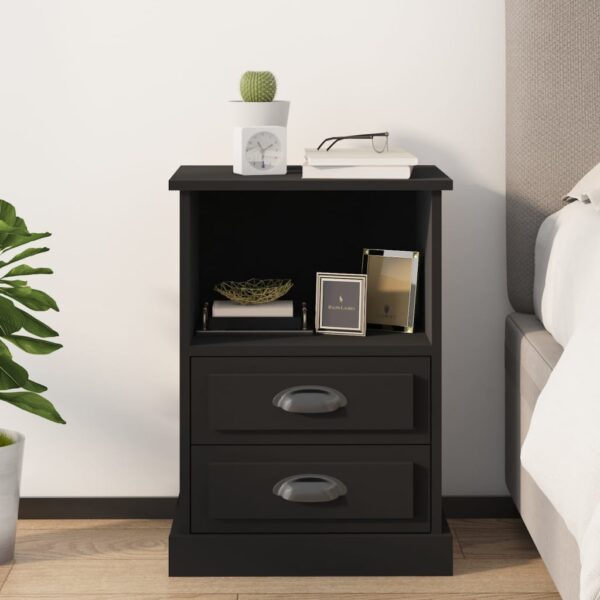 Elegant Black Bedside Cabinet with Drawers and Open Compartment Storage