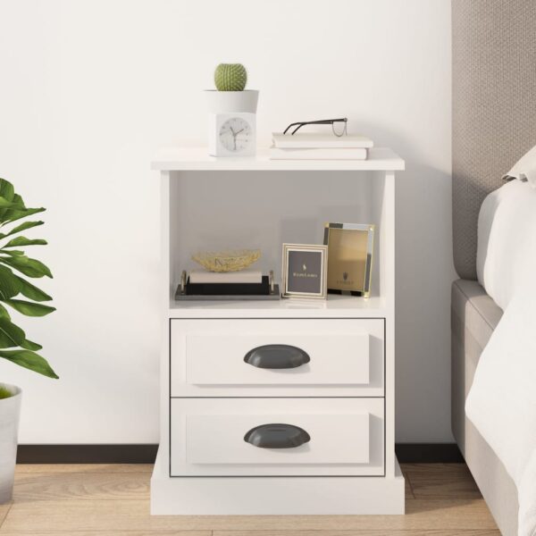 Elegant High Gloss White Bedside Cabinet with Drawers and Open Compartment