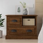 Elegant Brown Oak Bedside Cabinet Nightstand with Drawers and Shelf Storage