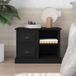 Elegant Black Bedside Cabinet Engineered Wood Two Drawers Storage Nightstand