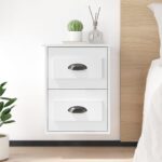 Chic High Gloss White Floating Bedside Cabinets Twin Set with Storage Drawers