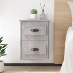 Chic Concrete Grey Floating Bedside Cabinets Set Wall Mount Storage Drawers