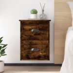 Chic Smoked Oak Floating Bedside Cabinets Set Wall Mount Storage Drawers Decor