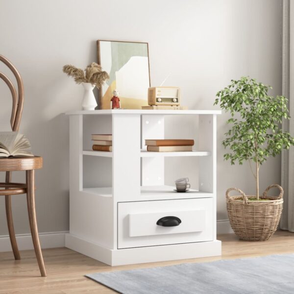 Elegant White Side Table Chic Engineered Wood Ample Storage Display Surface