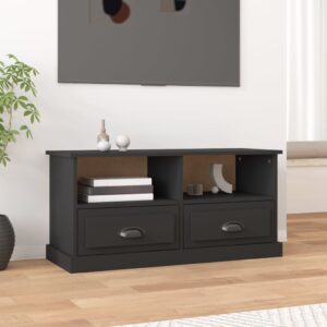 Stylish Black Engineered Wood TV Cabinet with Storage Drawers and Shelves