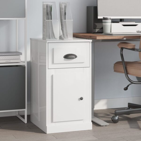 High Gloss White Side Cabinet with Drawer Modern Engineered Wood Storage Organizer