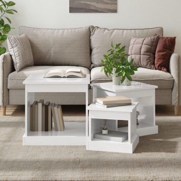 High Gloss White Nesting Tables Set of Three Engineered Wood Versatile Side Tables