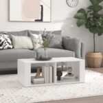 Chic White Coffee Table Modern Engineered Wood with Storage Shelves for Living Room