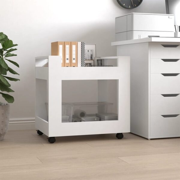 White Engineered Wood Desk Trolley with Shelves and Rolling Casters for Office