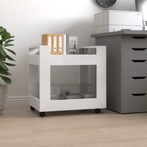 High Gloss White Rolling Office Desk Trolley Engineered Wood with Shelves