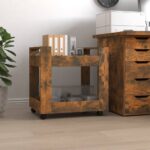 Engineered Wood Desk Trolley Smoked Oak Finish with Rolling Casters and Shelves