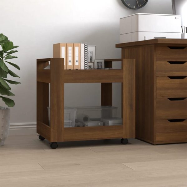 Classic Rolling Office Desk Trolley Brown Oak Finish Engineered Wood with Shelves