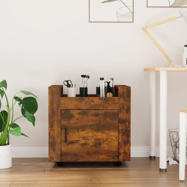 Engineered Wood Desk Trolley Smoked Oak Finish with Casters and Storage Door