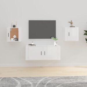 High Gloss White Wall Mounted TV Media Cabinets Set of 2 - Modern Storage Units