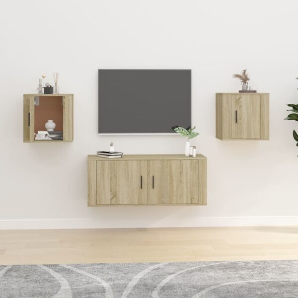 Chic Sonoma Oak Wall Mounted TV Media Cabinets Set of Two with Storage Space