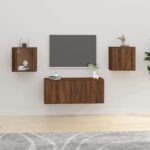 Chic Brown Oak Wall Mounted TV Cabinets Set - Sleek Storage Space Saver