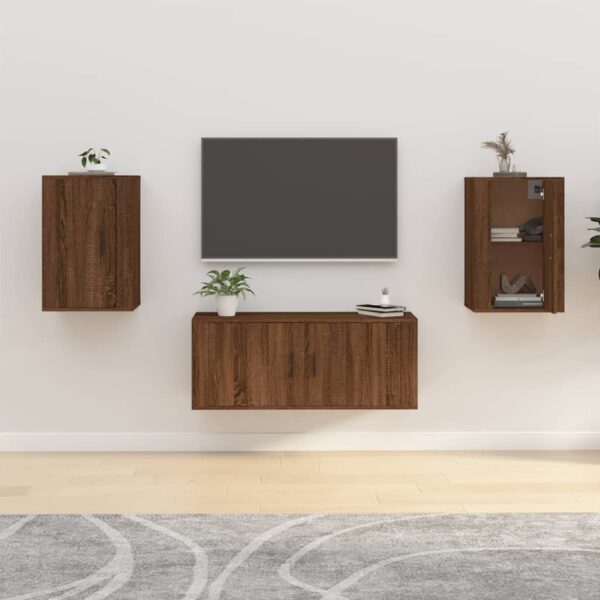 Chic Brown Oak Wall Mounted TV Cabinets Set of Two - Spacious & Versatile