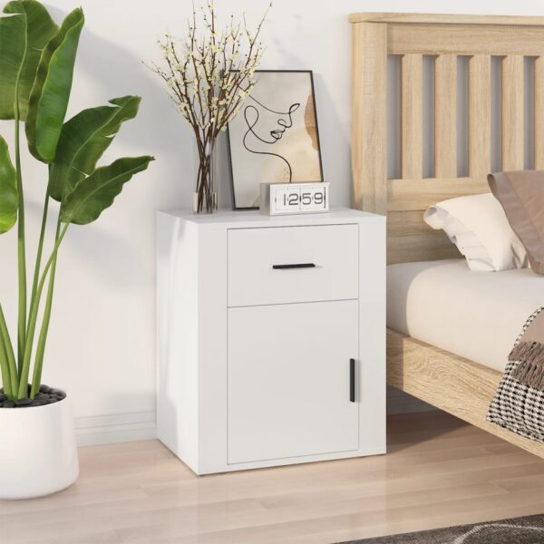 Chic White Bedside Cabinet Classic Design Engineered Wood Ample Storage