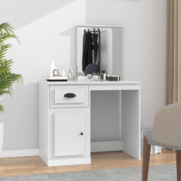 Elegant White Dressing Table Asymmetrical Design with Mirror and Storage