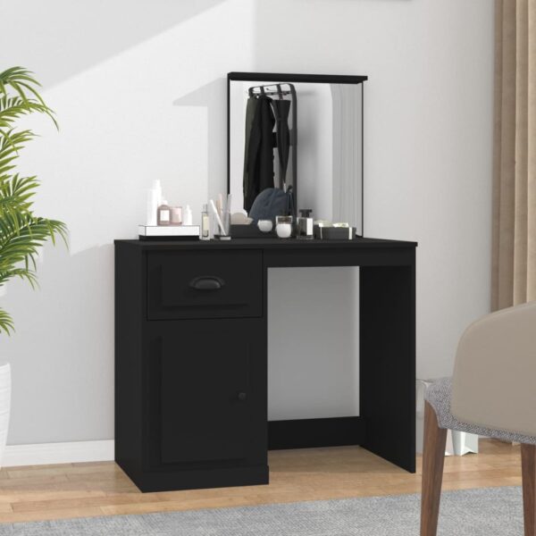 Elegant Black Dressing Table with Asymmetrical Mirror & Storage Space