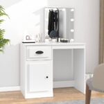 Chic White Dressing Table LED Mirror Asymmetrical Vanity Engineered Wood Storage