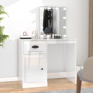 Chic High Gloss White Dressing Table LED Mirror Asymmetrical Vanity Storage