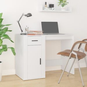 Elegant White Study Desk Engineered Wood with Drawer and Cabinet Storage