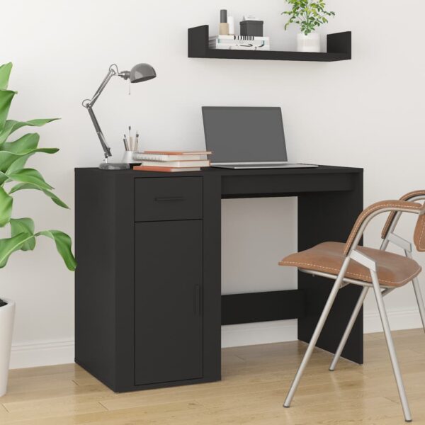 Elegant Black Engineered Wood Desk with Drawer and Cabinet Storage