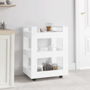 White Engineered Wood Kitchen Trolley Cart Storage Organizer with Shelves Wheels