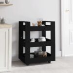 Black Engineered Wood Kitchen Trolley Cart Storage Organizer with Shelves & Wheels