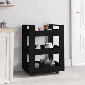 Black Engineered Wood Kitchen Trolley Cart Storage Organizer with Shelves & Wheels