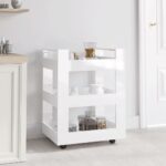 High Gloss White Kitchen Trolley Cart Engineered Wood Rolling Storage Organizer