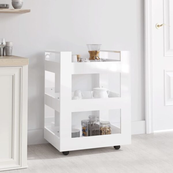 High Gloss White Kitchen Trolley Cart Engineered Wood Rolling Storage Organizer