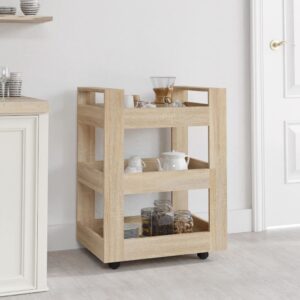 Spacious Sonoma Oak Kitchen Trolley Engineered Wood with Shelves and Wheels