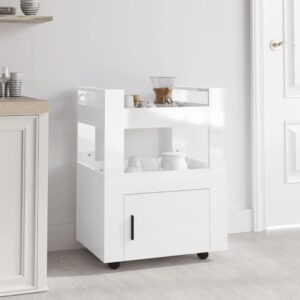 High Gloss White Kitchen Trolley Cart Engineered Wood Rolling Storage Organizer