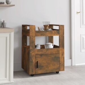 Spacious Smoked Oak Kitchen Trolley Engineered Wood with Shelves and Wheels