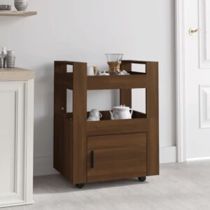 Spacious Brown Oak Kitchen Trolley Cart Engineered Wood with Shelves and Wheels