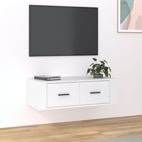 Wall Mounted White Engineered Wood TV Cabinet with Spacious Storage Drawers