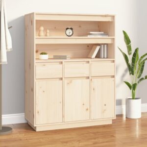 Rustic Solid Pine Wood Highboard Storage Cabinet with Shelves and Drawers