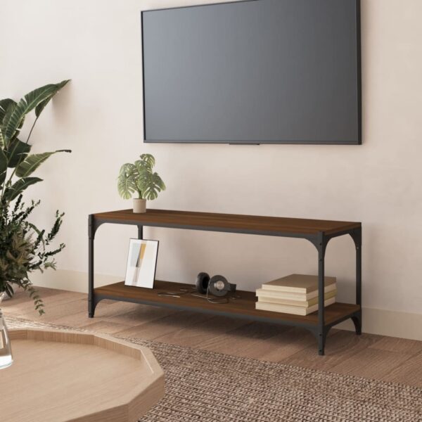 Chic Industrial Brown Oak TV Stand Media Console with Steel Frame and Shelves