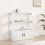 High Gloss White Sideboard Engineered Wood Storage Cabinet with Shelves