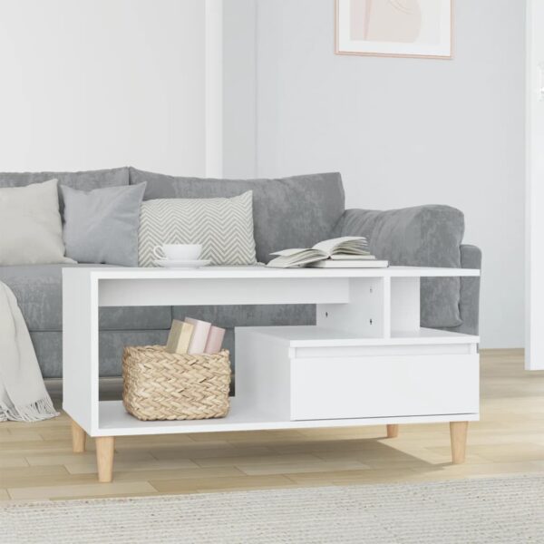 Chic White Coffee Table Modern Engineered Wood with Storage Drawer and Shelf