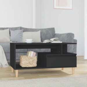 Chic Black Coffee Table Engineered Wood with Storage Drawer and Shelf