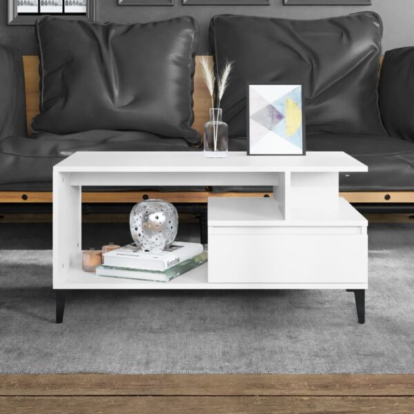 Elegant White Coffee Table Engineered Wood Metal Feet Ample Storage Sturdy Top