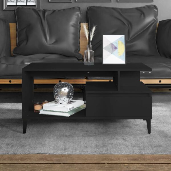 Elegant Black Coffee Table Engineered Wood Metal Feet Ample Storage Sturdy Top