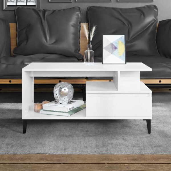 Elegant High Gloss White Coffee Table Engineered Wood Metal Feet Spacious Storage