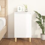 Chic High Gloss White Bedside Cabinet with Storage Wooden Legs Modern Nightstand