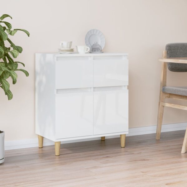 Chic High Gloss White Sideboard Storage Cabinet with Solid Eucalyptus Feet